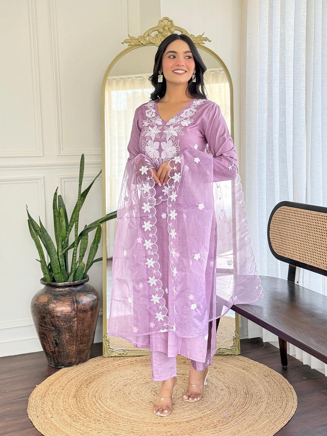Lavender Cotton Embroidered Kurta Pant Set