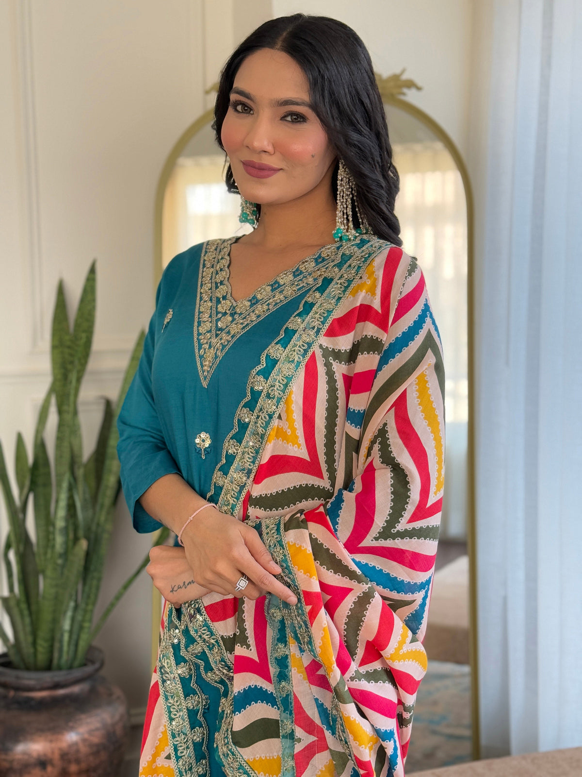 Teal Blue Embroidered Kurta Pant