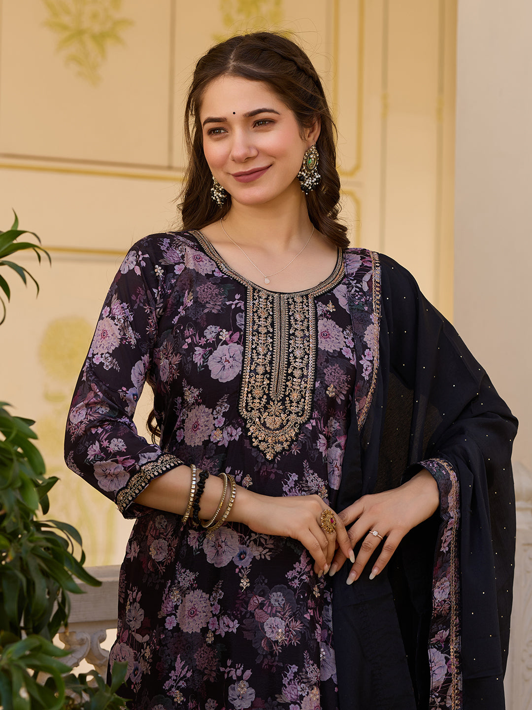 Black Floral Printed Suit Sets