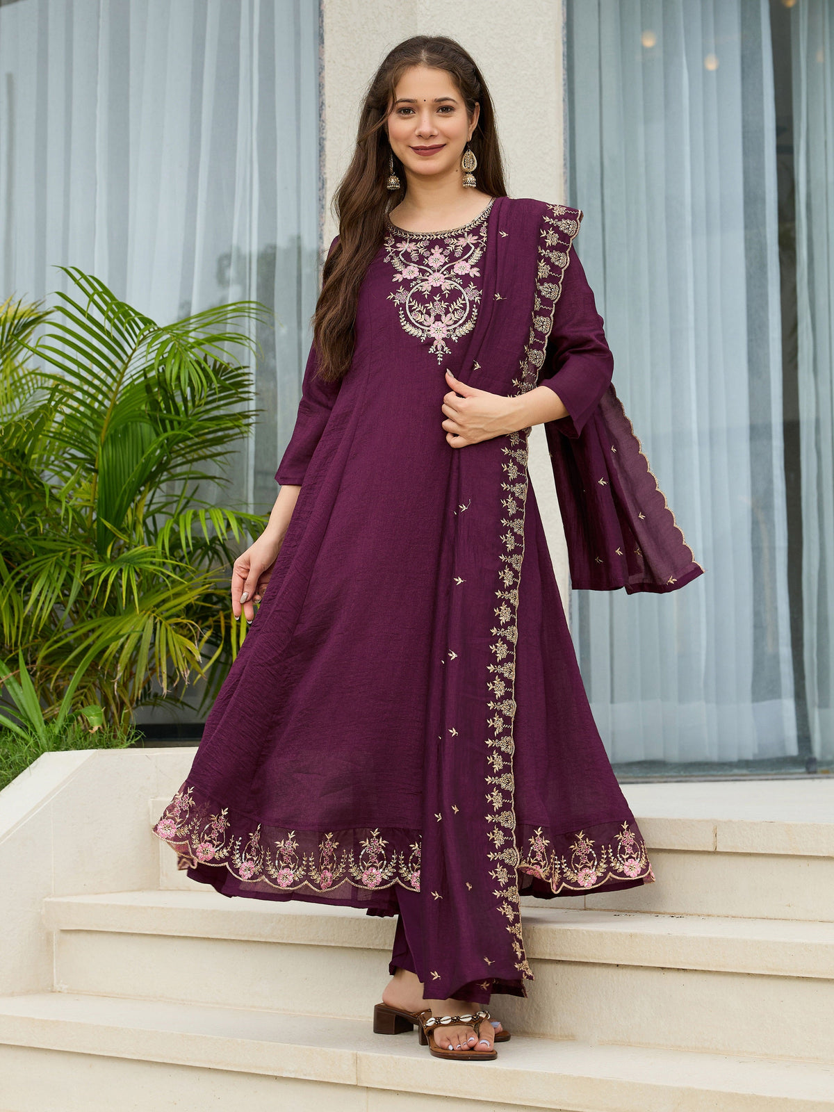 Noorika Plum Embroidered Anarkali Kurta Set