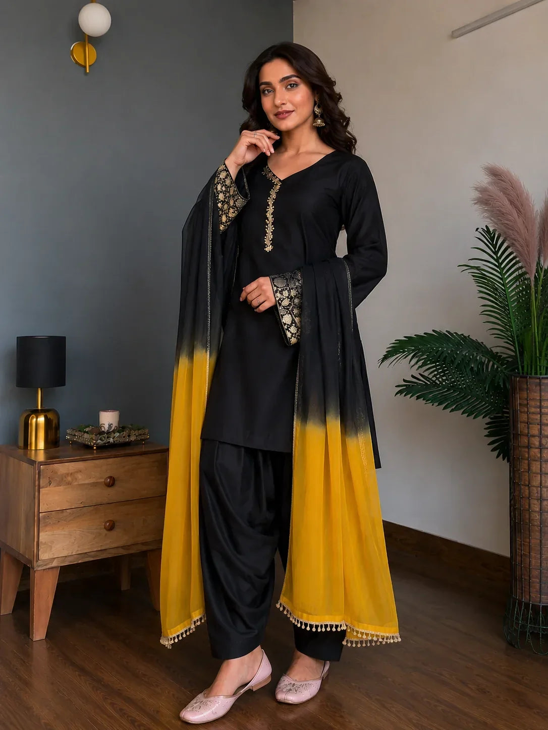 Black Jacquard Work Embroidered Farshi Kurta Set