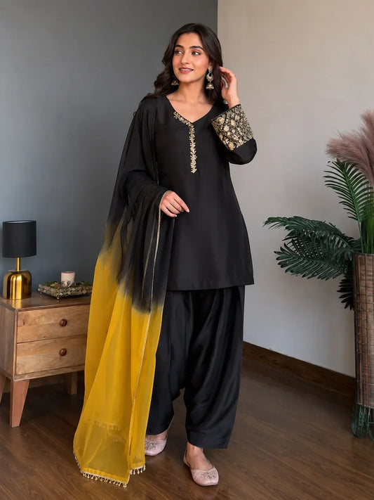 Black Jacquard Work Embroidered Farshi Kurta Set