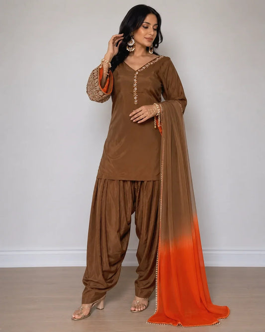 Brown Jacquard Work Embroidered Farshi Kurta Set