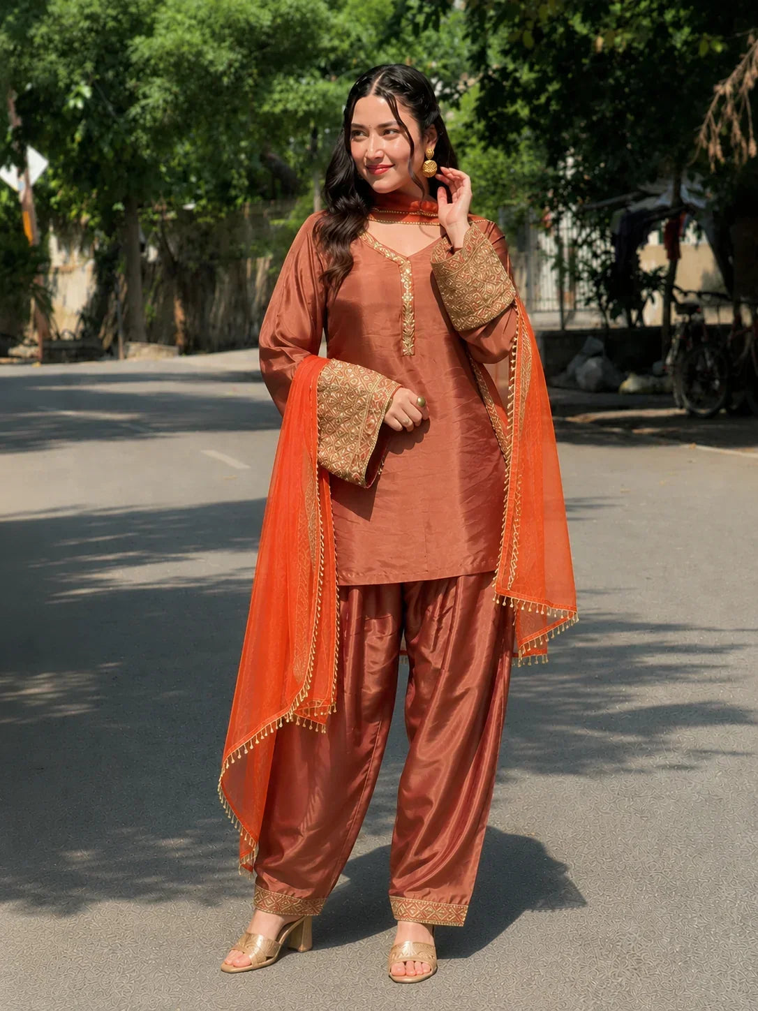 Copper Brown Jacquard Work Embroidered Farshi Kurta Set