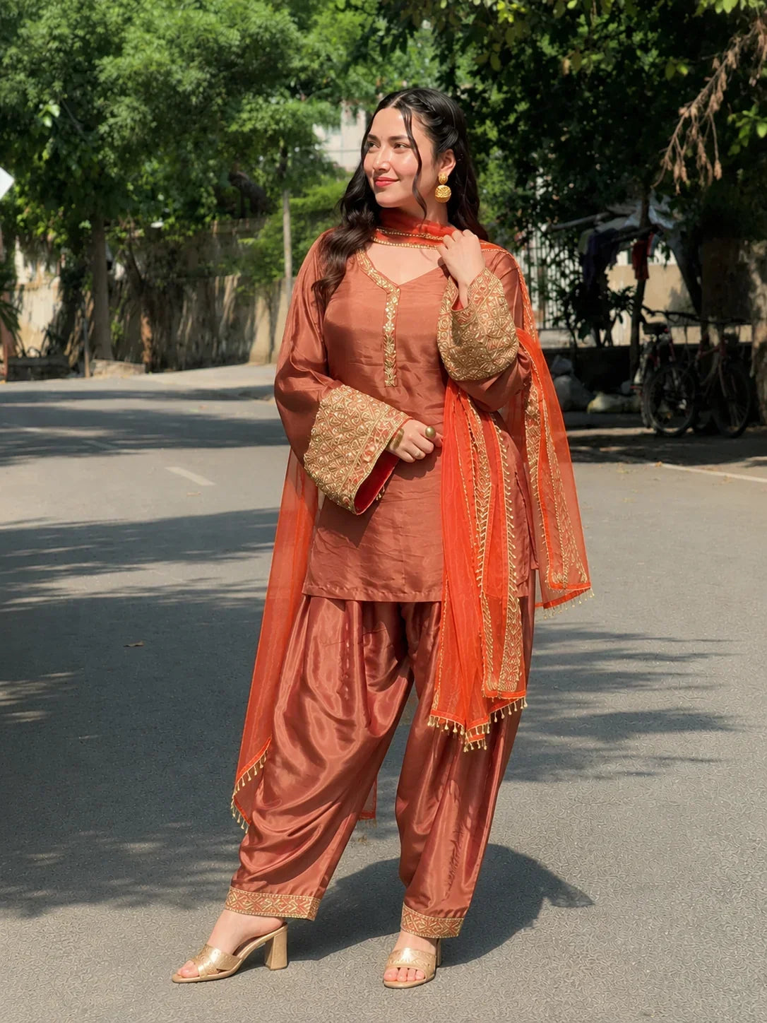 Copper Brown Jacquard Work Embroidered Farshi Kurta Set