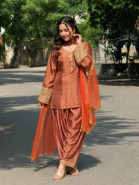 Copper Brown Jacquard Work Embroidered Farshi Kurta Set