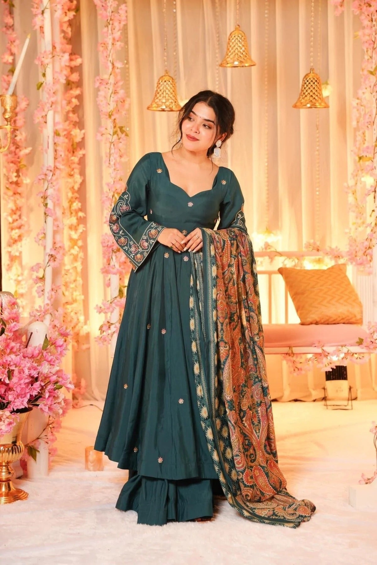 Dark Green Embroidered P.V. Chanderi  Anarkali Set
