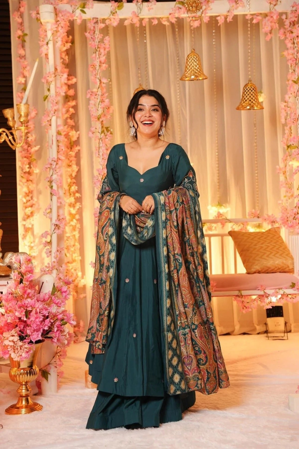 Dark Green Embroidered P.V. Chanderi  Anarkali Set