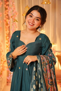 Dark Green Embroidered P.V. Chanderi  Anarkali Set