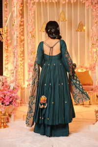 Dark Green Embroidered P.V. Chanderi  Anarkali Set