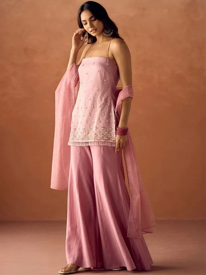 Light Pink Silk Embroidered Handwork Party Wear Palazzo Set with Dupatta For Women