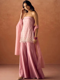 Light Pink Silk Embroidered Handwork Party Wear Palazzo Set with Dupatta For Women