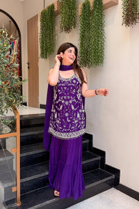Women's Wine Floral Embroidered Regular Thread Work Kurta with Sharara & With Dupatta
