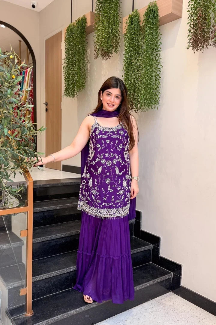 Women's Wine Floral Embroidered Regular Thread Work Kurta with Sharara & With Dupatta