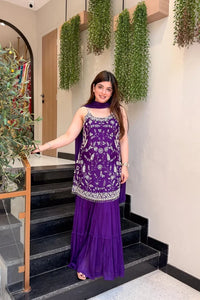 Women's Wine Floral Embroidered Regular Thread Work Kurta with Sharara & With Dupatta