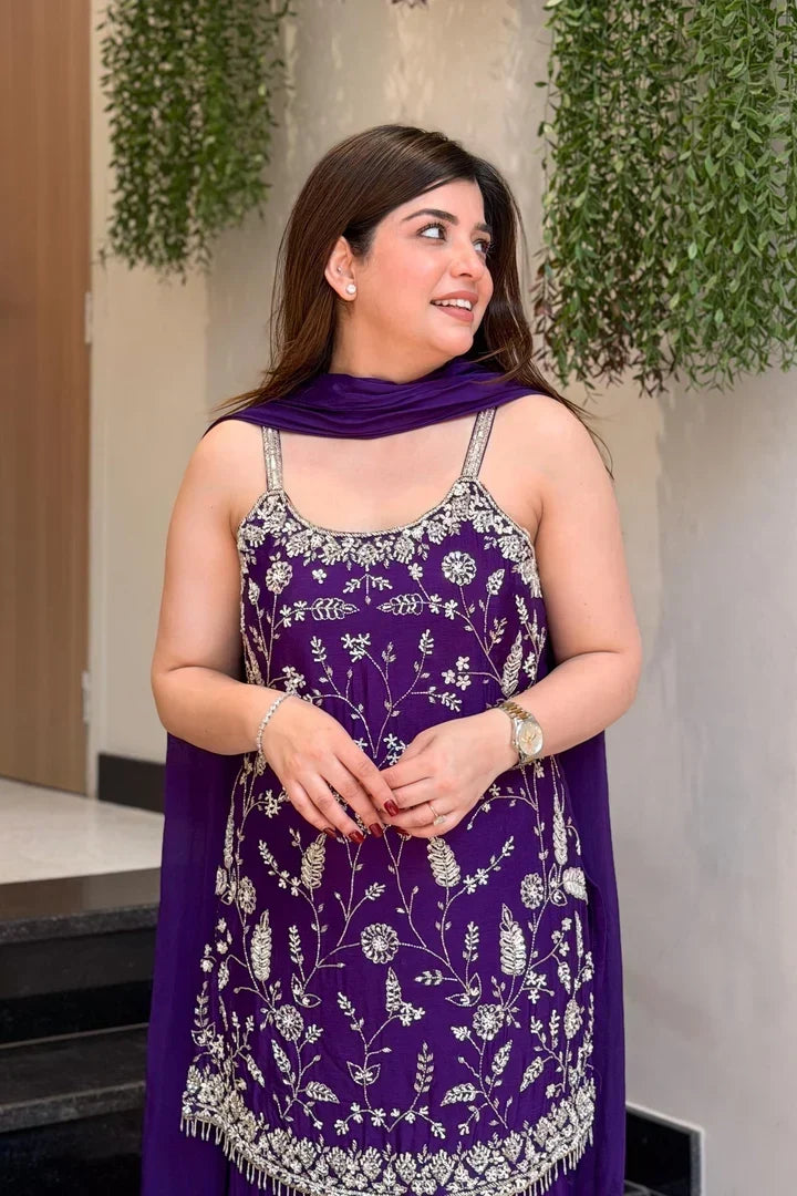 Women's Wine Floral Embroidered Regular Thread Work Kurta with Sharara & With Dupatta