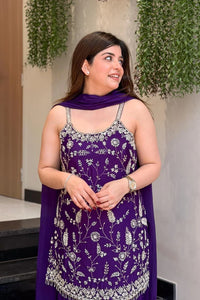 Women's Wine Floral Embroidered Regular Thread Work Kurta with Sharara & With Dupatta
