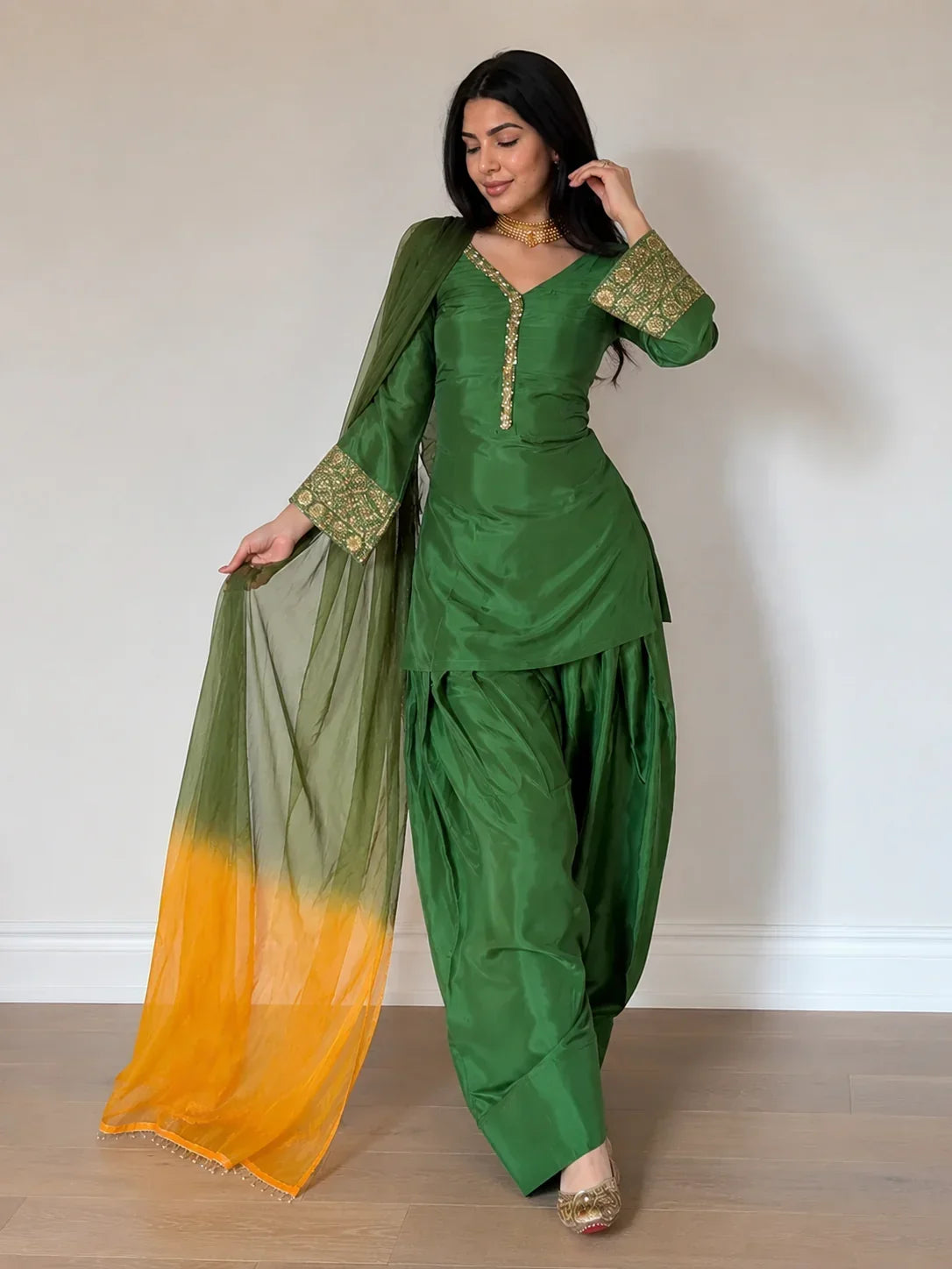 Green Jacquard Work Embroidered Farshi Kurta Set