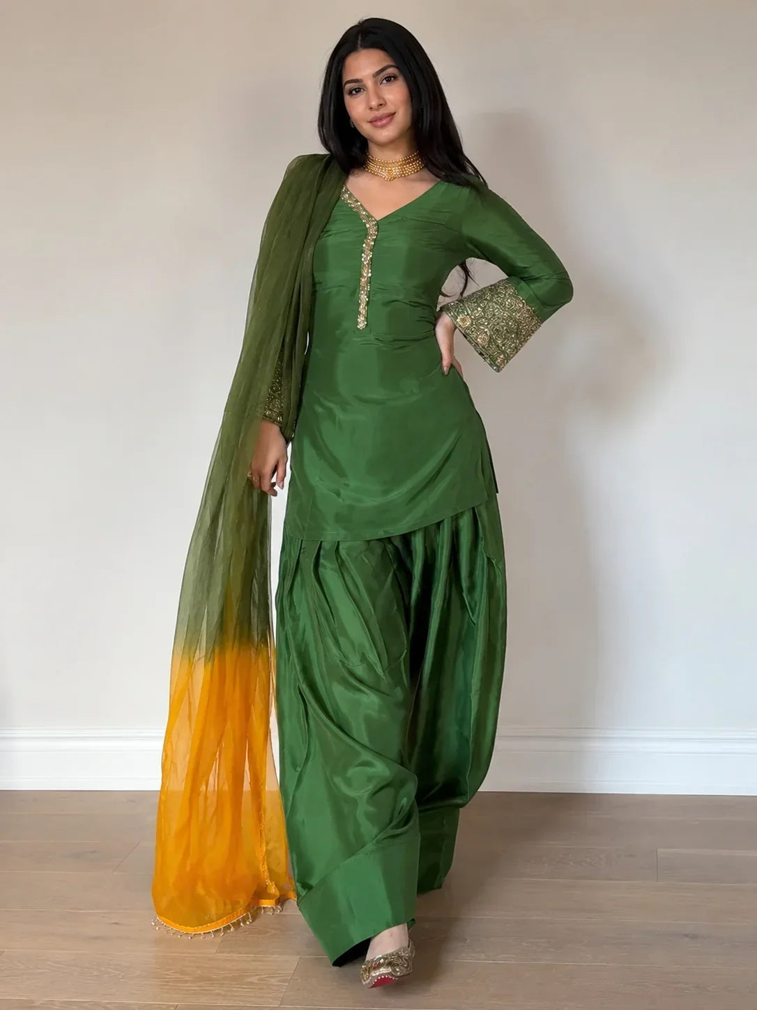 Green Jacquard Work Embroidered Farshi Kurta Set