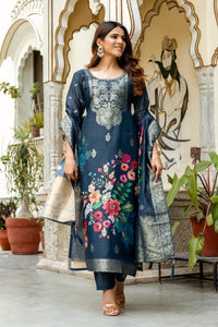 Navy Blue Chanderi Cotton Printed Suit Set