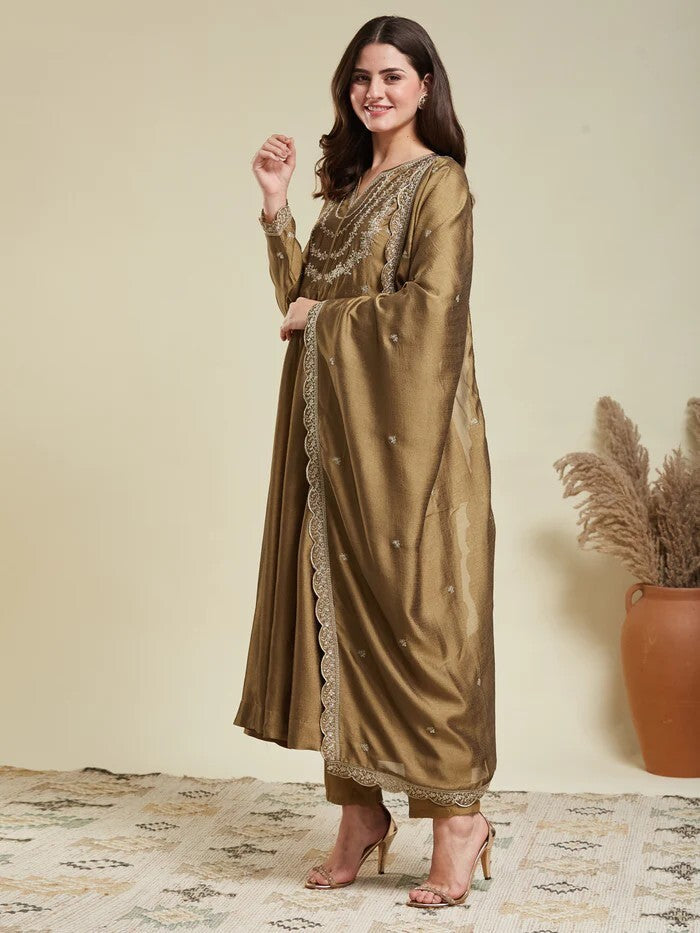 Gold Embroidered Vichitra Silk Anarkali Suit Set
