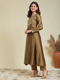 Gold Embroidered Vichitra Silk Anarkali Suit Set