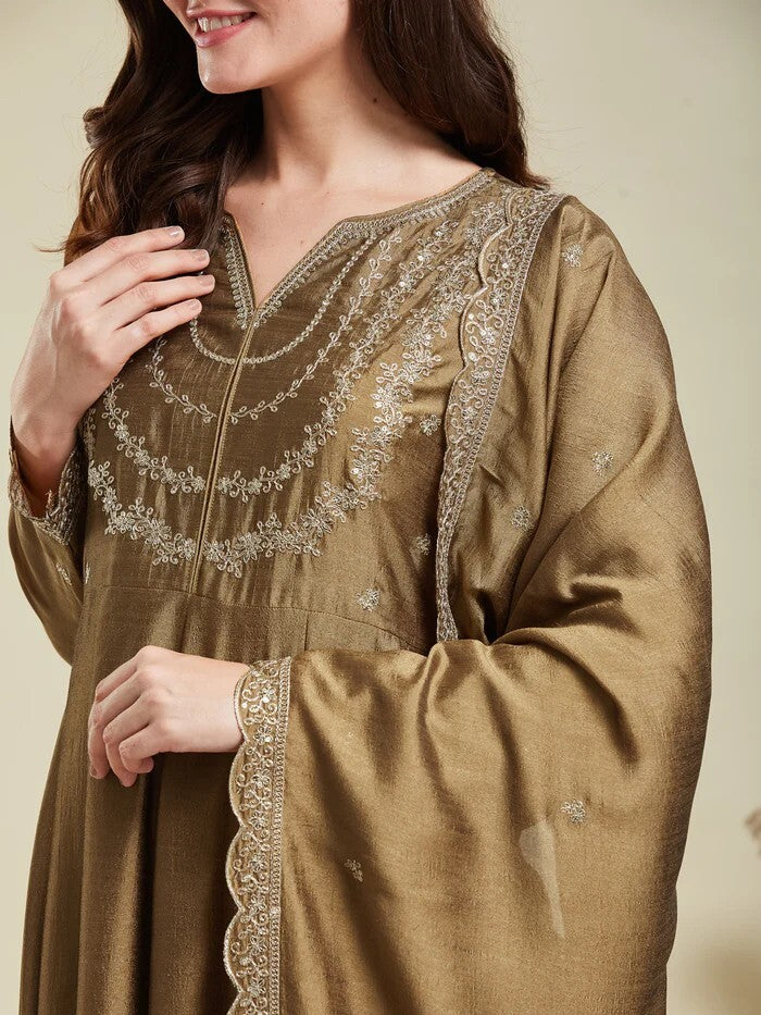 Gold Embroidered Vichitra Silk Anarkali Suit Set