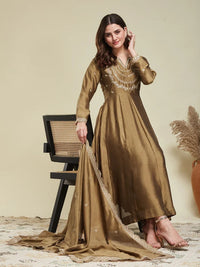 Gold Embroidered Vichitra Silk Anarkali Suit Set