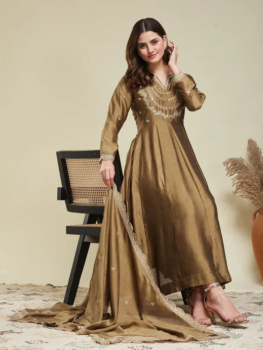 Gold Embroidered Vichitra Silk Anarkali Suit Set