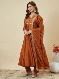 Orange Embroidered Vichitra Silk Anarkali Suit Set
