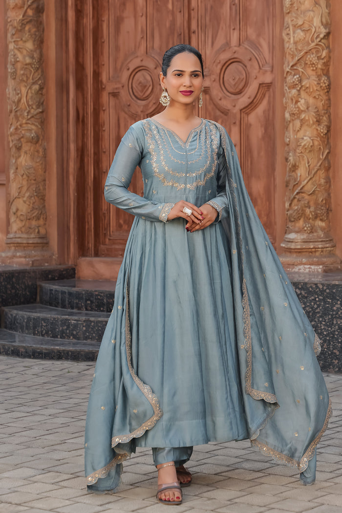 Grey Embroidered Vichitra Silk Anarkali Suit Set
