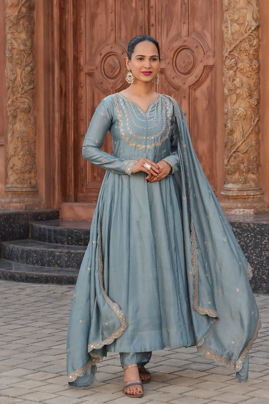 Grey Embroidered Vichitra Silk Anarkali Suit Set