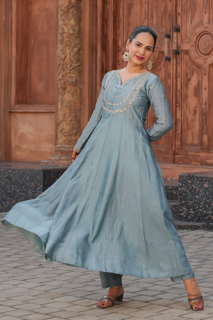 Grey Embroidered Vichitra Silk Anarkali Suit Set