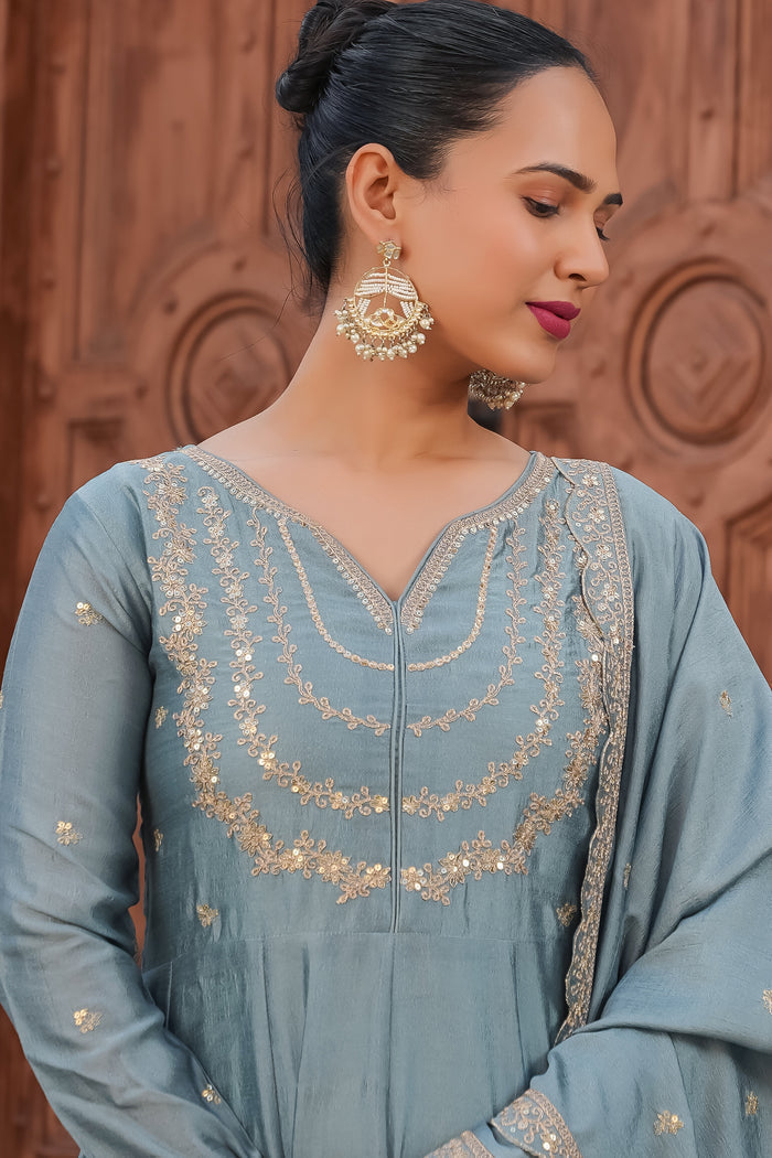 Grey Embroidered Vichitra Silk Anarkali Suit Set
