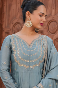 Grey Embroidered Vichitra Silk Anarkali Suit Set
