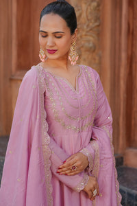 Pink Embroidered Vichitra Silk Anarkali Suit Set
