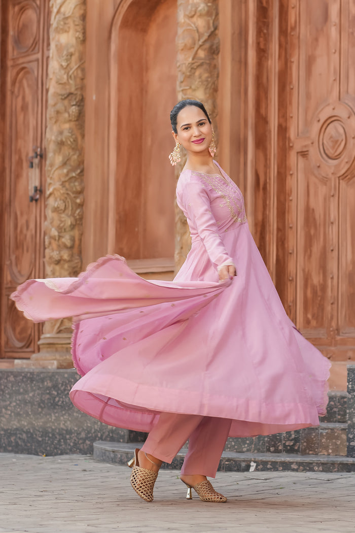 Pink Embroidered Vichitra Silk Anarkali Suit Set