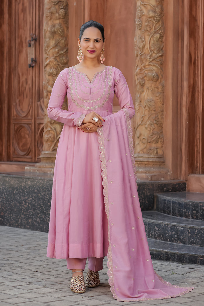 Pink Embroidered Vichitra Silk Anarkali Suit Set