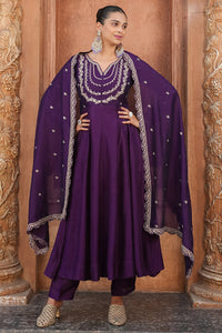 Wine Embroidered Vichitra Silk  Anarkali Suit Set