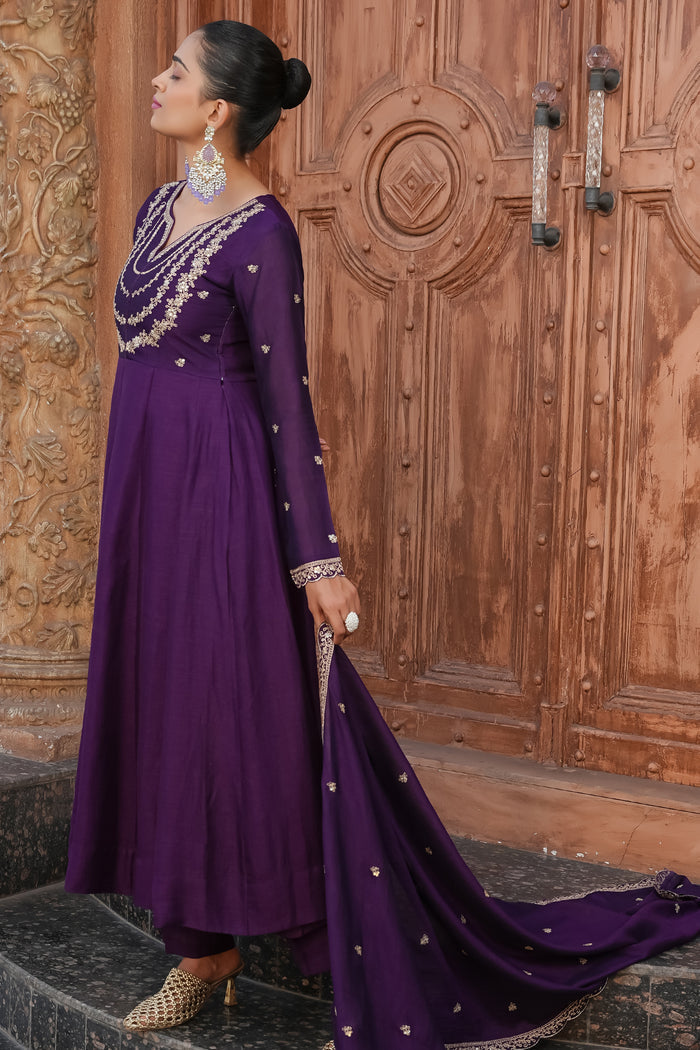 Wine Embroidered Vichitra Silk  Anarkali Suit Set