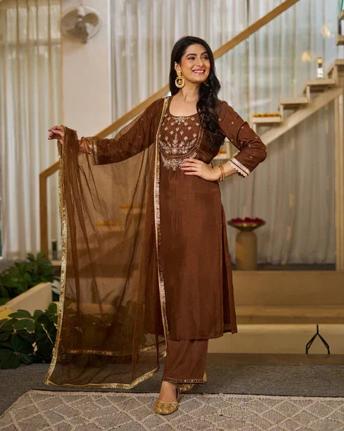 Rich Coffee Brown Vichitra Silk Embroidered Salwar Suite