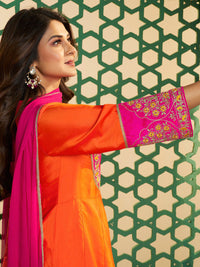 Orange Chanderi Cotton Embroidered Kurti Set