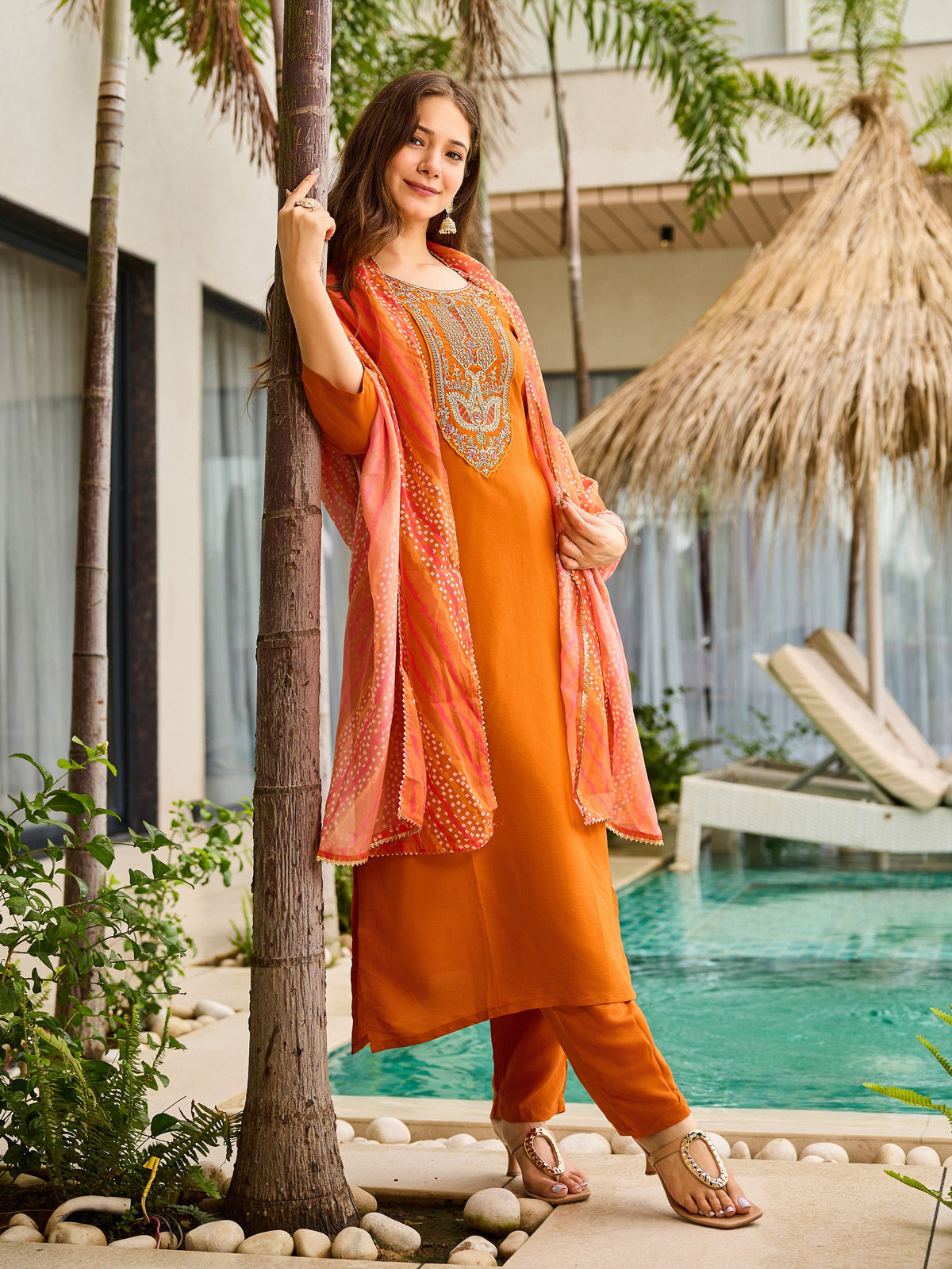 Sunset Aura Orange Viscose Silk Suit Sets