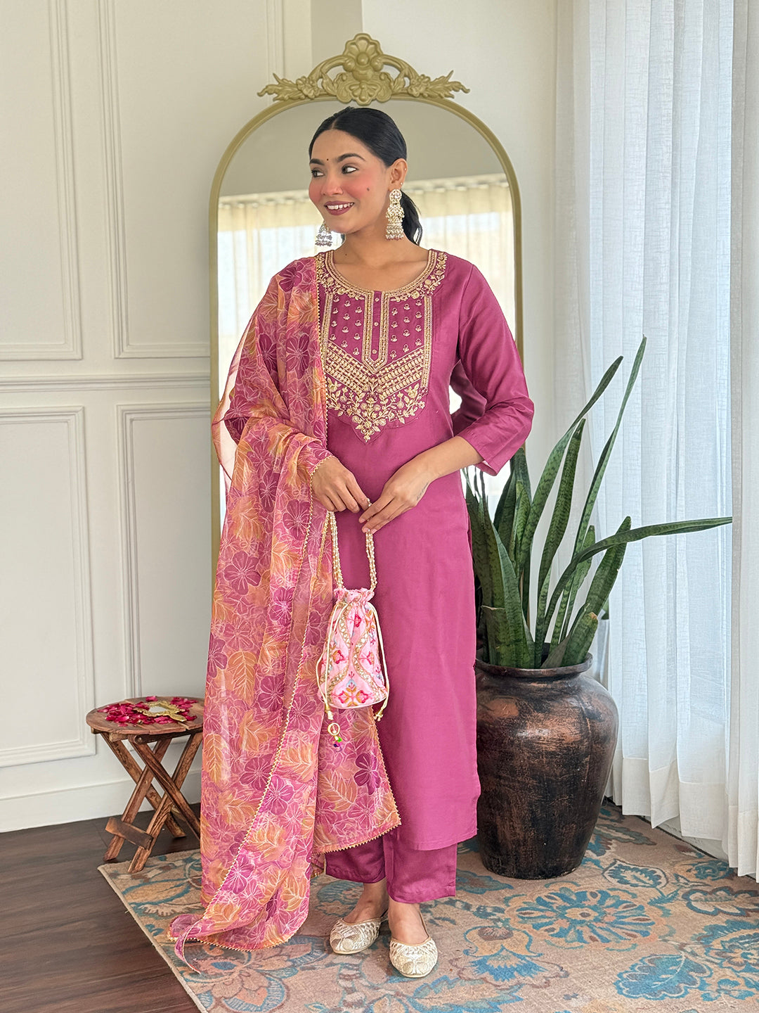 Rose Rama Pink Viscose Silk Suit Sets
