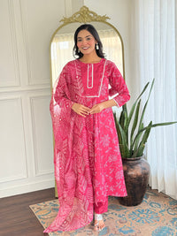 Rani Pink Printed Cotton Flared Kurta Pant Set