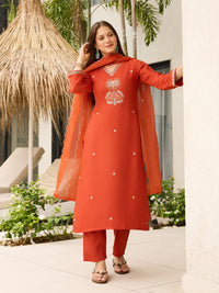 Rust Orange Solid Straight Salwar Suit Set