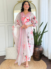 White Floral Printed Cotton Kurta Pant Set