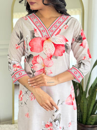 White Floral Printed Cotton Kurta Pant Set