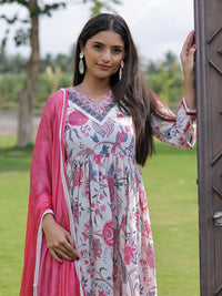 Cream Floral Printed Nyra Cut Anarkali Set