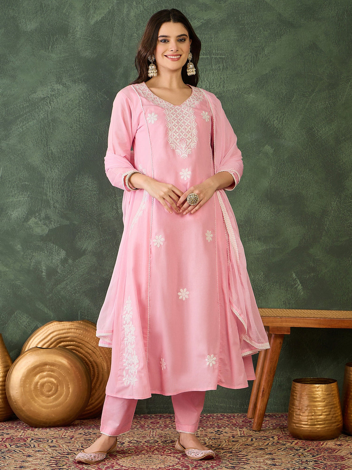 Gulnaar Blush Peach Embroidered  Cotton Kurta Pant